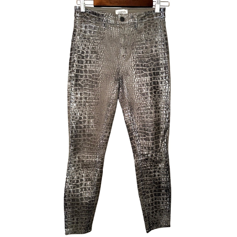 L'Agence Margot High Rise Chestnut Black Croc‎ Embossed Metallic Foil Jeans 28